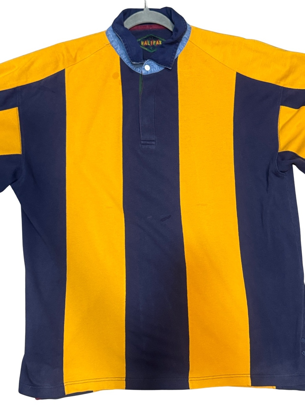 Vtg 1990’s Halifax Men's Yellow & Navy Stripe Rugby Polo w/ Elbow Patches